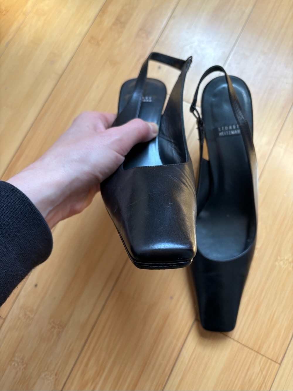 Stuart Weitzman Black Leather Square-Toe Slingbacks - Picture 3 of 7
